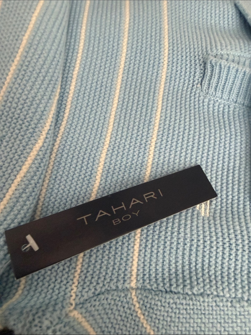 Tahari Sky Blue and White Striped Polo Knit Top - Picture 3 of 4